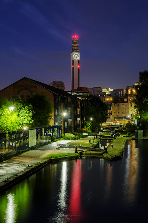 BT Tower viewed from Birmingham Canal at night