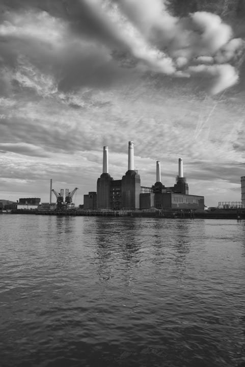 Dramatic photo of Battersea Power Station on cloudy day in black and white