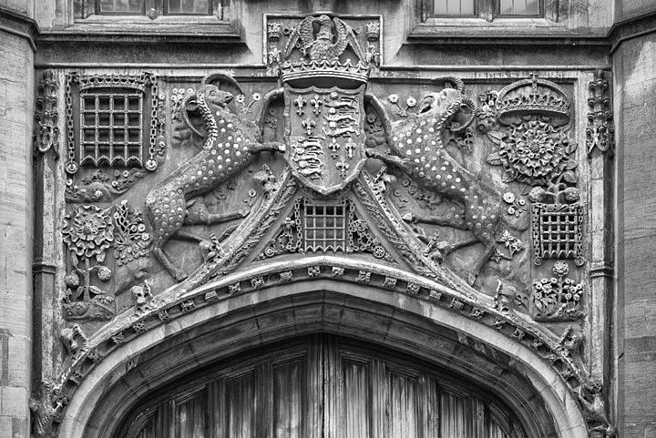 Gatehouse Christs College in Cambridge, England in black and white