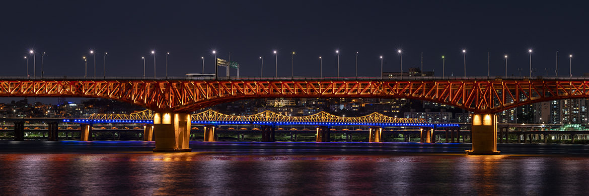 Han River Panorama at night with brightly lit bridges