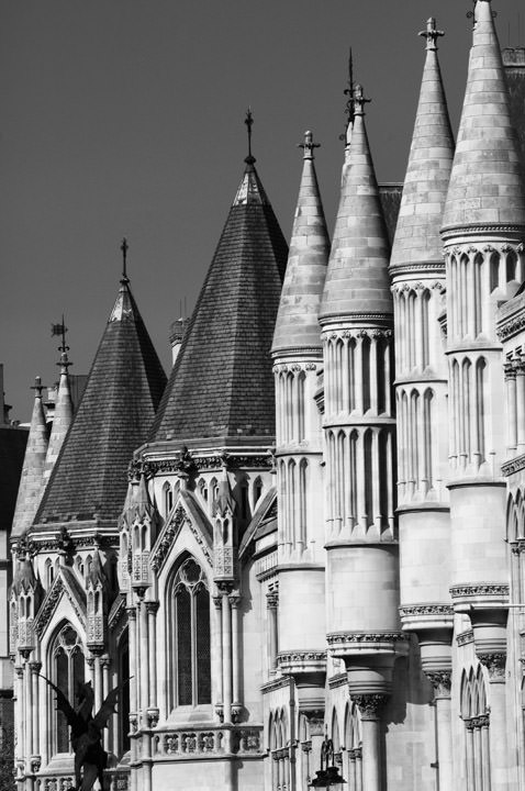Black and white close up of Royal Courts of Justice - Fleet Street 