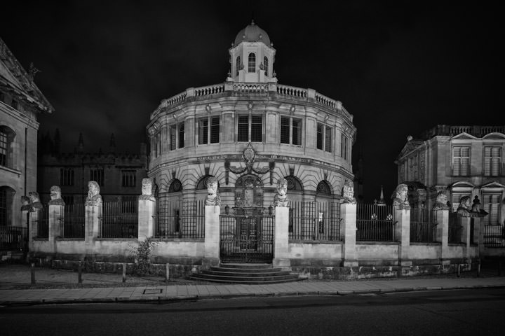 Sheldonian Theatre Oxford in black and white at night
